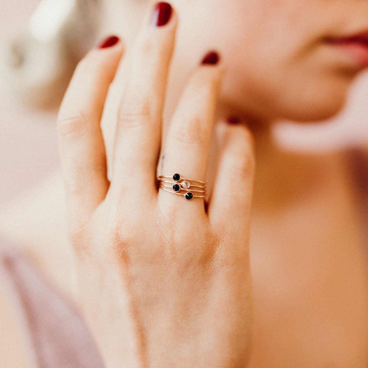 Tiny Black Stone Spike Stacking Rings - Favor Jewelry