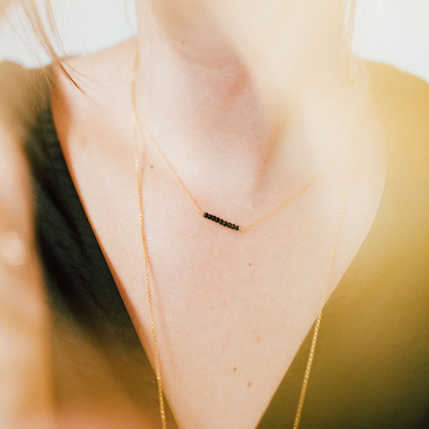 Tiny Black Stone Ellipsis Layering Necklace - Favor Jewelry