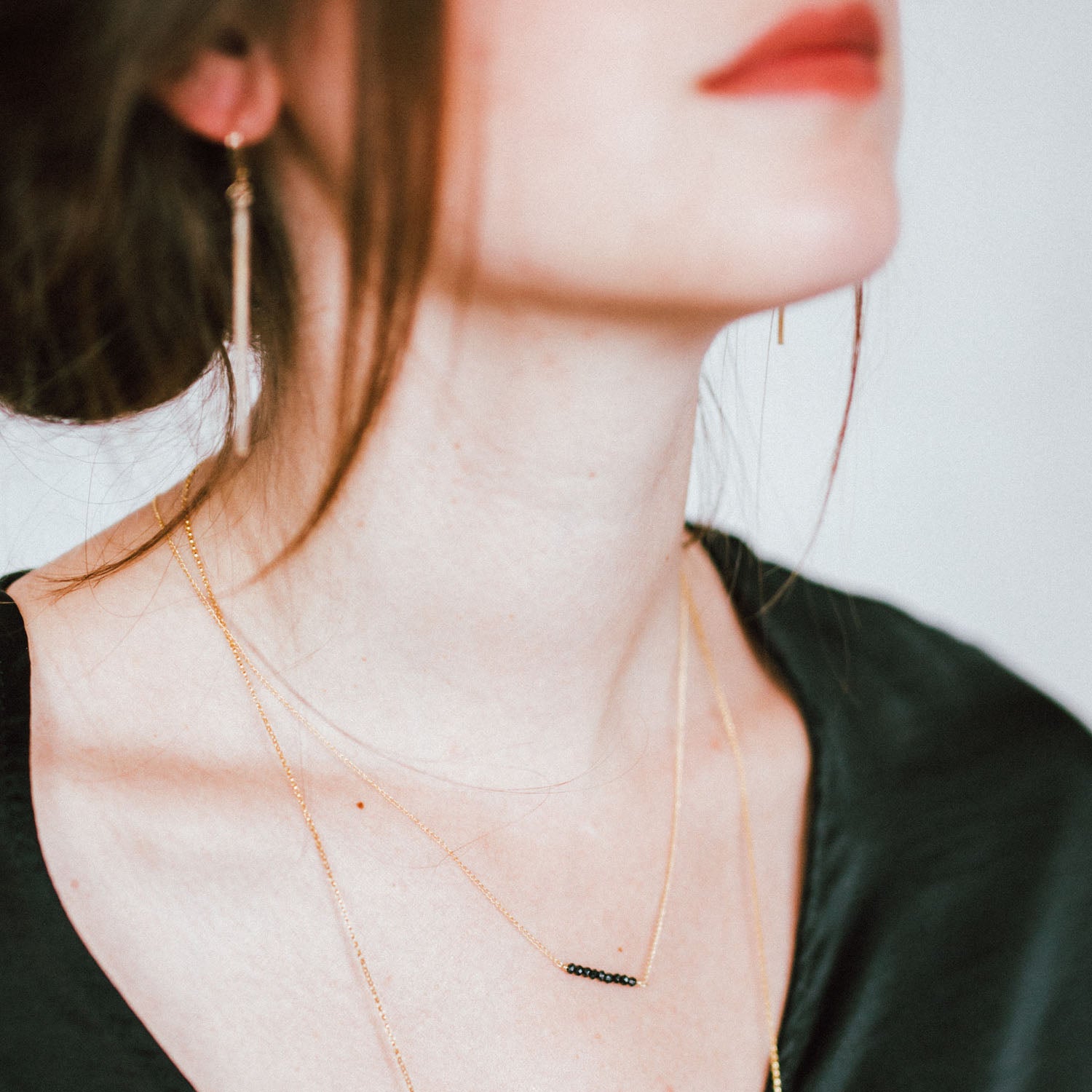 Tiny Black Stone Ellipsis Layering Necklace - Favor Jewelry